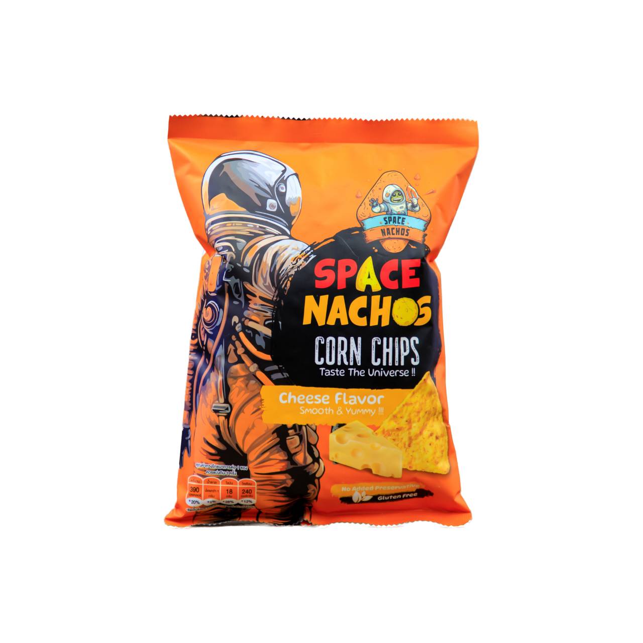 Spacenachos ชีสคอร์นชิปส์ ด้านหน้าซอง แสดงตราสินค้าและรสชาติชีสเข้มข้น. Spacenachos Cheese Corn Chips front packaging, showing brand logo and rich cheese flavor.
