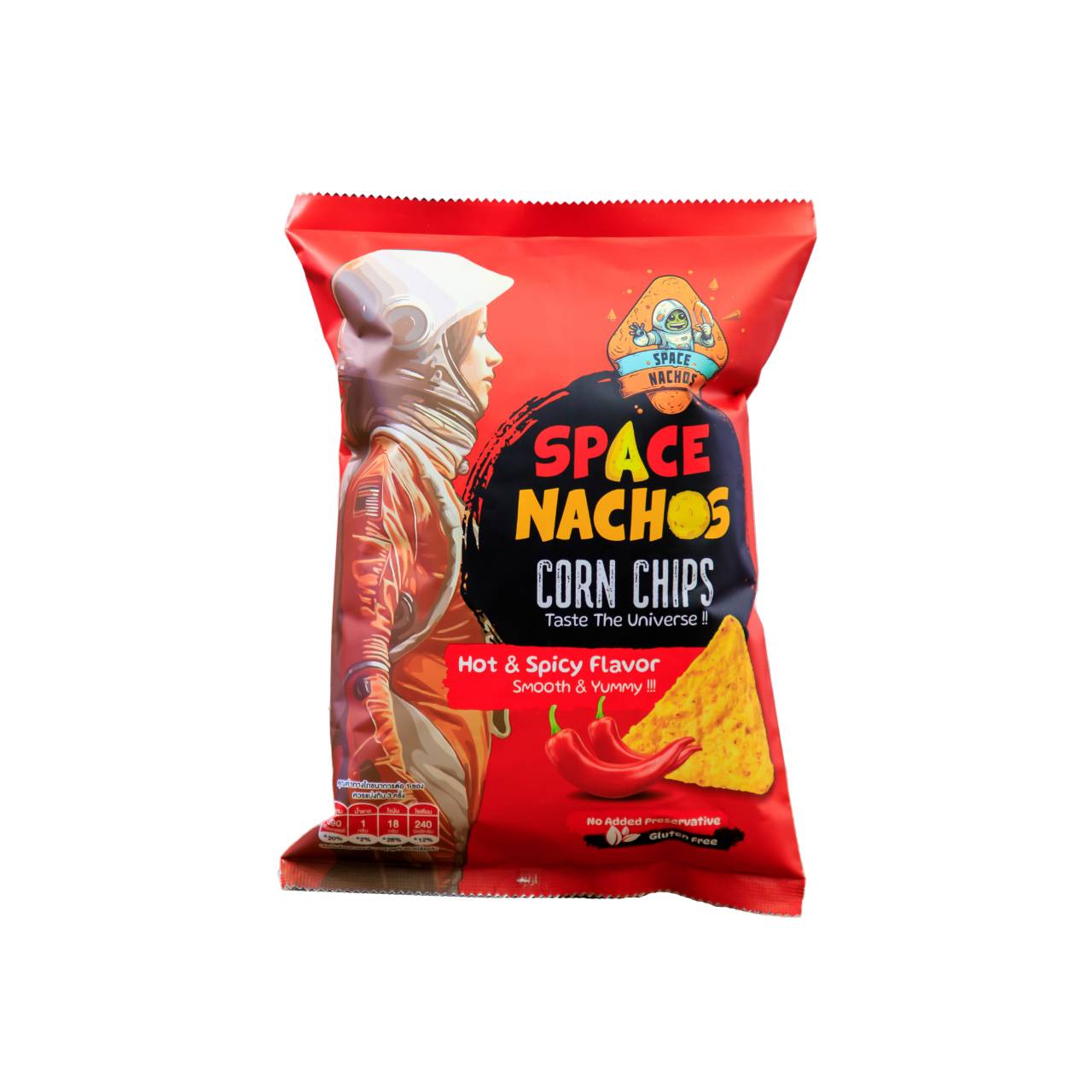 Spacenachos สไปซี่คอร์นชิปส์ ด้านหน้าซอง แสดงตราสินค้าและรสเผ็ดจัดจ้าน. Spacenachos Spicy Corn Chips front packaging, showing brand logo and intense spicy flavor.