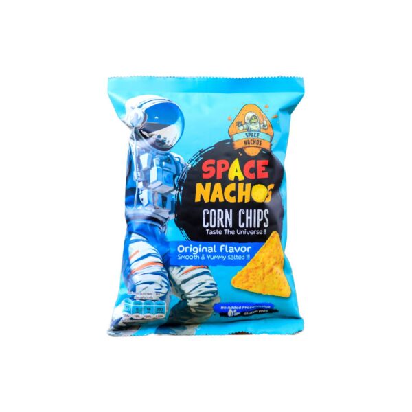 spacenachos-original-salty-corn-chips-front-pack Spacenachos ออริจินัลคอร์นชิปส์ (รสเค็ม) ด้านหน้าซอง แสดงตราสินค้าและรสชาติเค็มกลมกล่อม. Spacenachos Original (Salty) Corn Chips front packaging, showing brand logo and classic savory flavor.