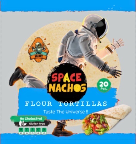 Spacenachos ตอร์ตียาแป้งสาลี ด้านหน้าซอง แสดงตราสินค้าและความนุ่มพิเศษ. Spacenachos Flour Tortilla front packaging, showing brand logo and extra soft texture.