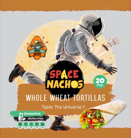 Spacenachos ตอร์ตียาโฮลวีท ด้านหน้าซอง แสดงตราสินค้าและประโยชน์จากธัญพืชเต็มเมล็ด. Spacenachos Whole Wheat Tortilla front packaging, showing brand logo and whole grain benefits.